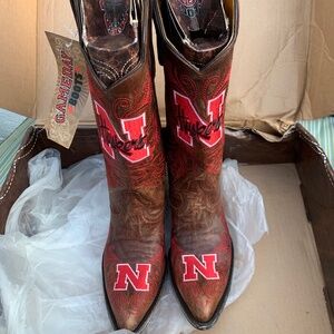 Leather cowboy boots, University of Nebraska. Leather, size 6.